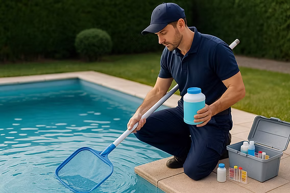 Technicien Prochimat analysant l'eau d'une piscine avec équipement professionnel